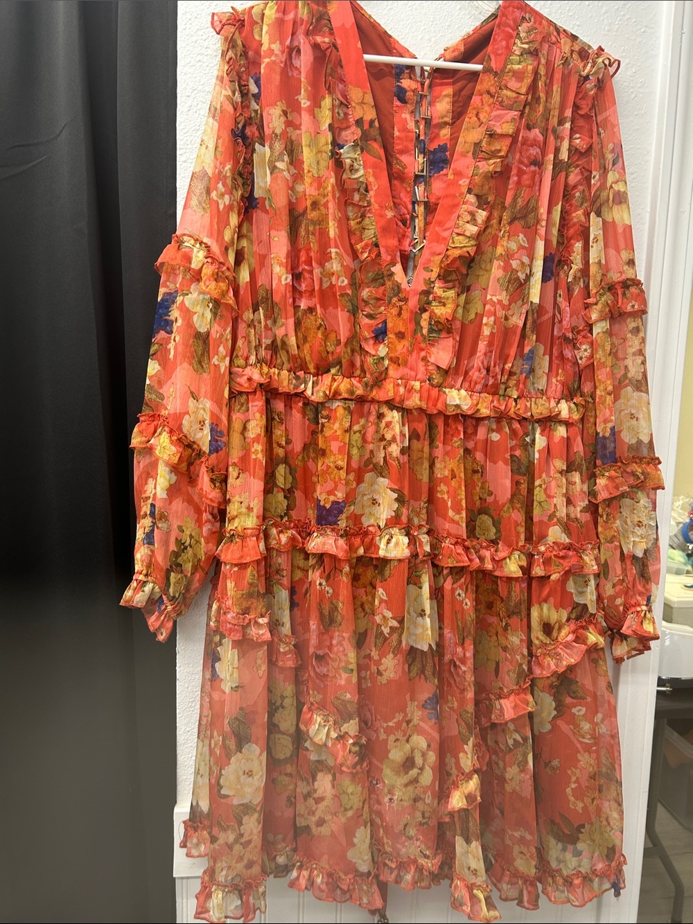 Floral Ruffle V-Neck Long Sleeve Dress in Coral
